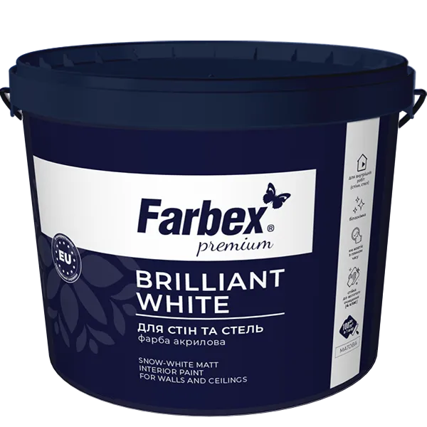Фарба для стін та стель білосніжна водно-дисперсійна акрилова «Brilliant White» Farbex